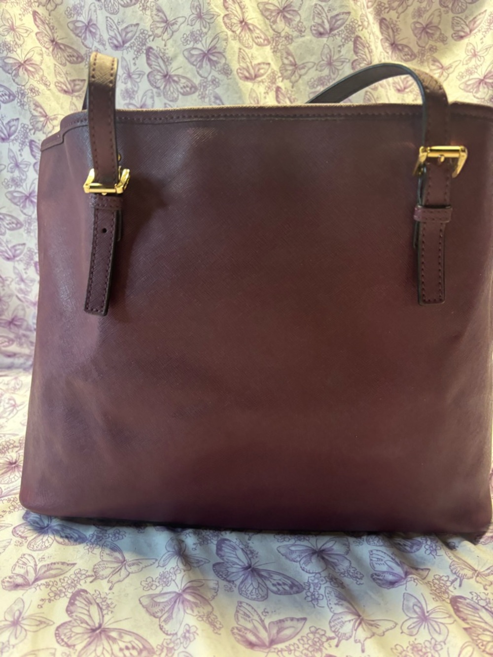 Michael Kors Plum Leather Tote with Gold Accents - Picture 2 of 3